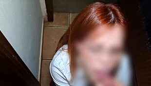 redhead caught giving blowjob in school library