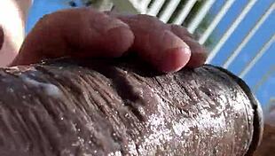 Riding big black cock dildo outdoors turns creamy on shaved latina teen