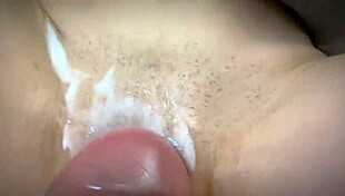 Stepbrother blasts hot cumshot on my shaved wet pussy then rubs it in closeup orgasm