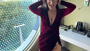 Brunette milf in miniskirt glasses bends over window for creampie doggystyle cum