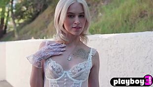 tiny blonde teen strips lingerie in garden ripping clothes for sexy poses with bubble butt