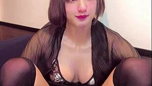 sexy cat ear ladyboy masturbates live while fucking her tight ass