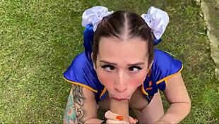 Chun-Li Cosplay Sucks Huge Cock Then Twerks Fat Ass in Public Outdoor Voyeur Spot