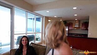 Busty milfs Mindi Mink and Angel Allwood finger pussies in sexy lingerie!