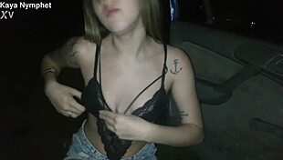 redhead teen bends over for thick cock blowjob on dark street