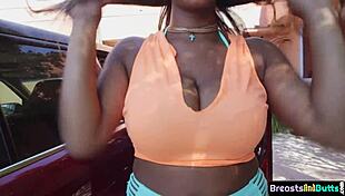 curvy ebony babe with big tits bounces juicy ass on stiff cock close up titty fuck