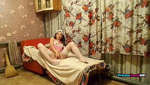 russian beauty with long legs fingers tight wet pussy and natural boobs in lingerie solo