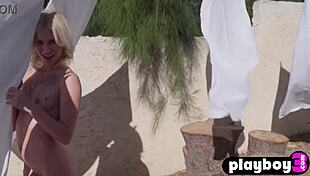 tiny blonde teen strips lingerie in garden ripping clothes for sexy poses with bubble butt