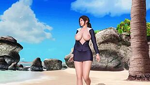 secretary babe poses big ass tits closeup on beach in skirt panties