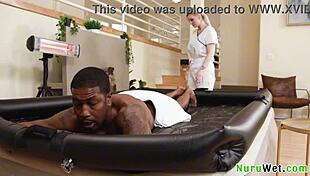 imagine this amazing busty blonde milf masseuse sliding her wet nuru body over her black client