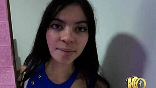 Kneeling beauty begs classmate for locker room pounding fuck