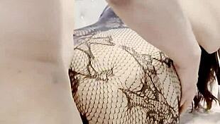 slipping under her lacy lingerie to tease that curvy figure in fishnets and skirt