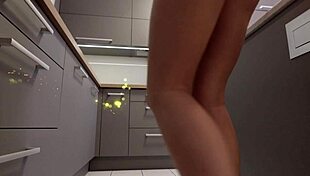 Long-Haired Blonde Coed in Miniskirt and Heels Flashes Ass and Pussy in Kitchen.