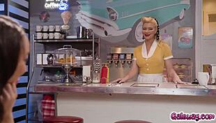 Waitress Serene Siren kisses and dances with customer Alexis Tae, escalating to pussy licking and rimming