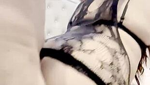 slipping under her lacy lingerie to tease that curvy figure in fishnets and skirt