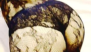 slipping under her lacy lingerie to tease that curvy figure in fishnets and skirt