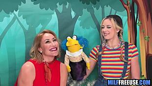 Blonde milf and teen used free on sesame street set? Insane group fuck!