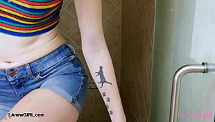 tall skinny brunette model fingers clit in steamy casting bath solo