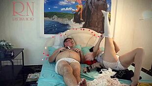 damn this wonderful blowjob maid in white stockings jerks cunt cum on pussy so hot