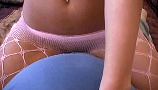 pretty brunette jenny welch rides cock through pink fishnet pantyhose