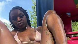 Petite Jamaican beauty flashes pussy outdoors in public Caribbean tease