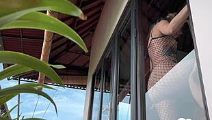 she wakes him with morning standing doggy then kneels for blowjob