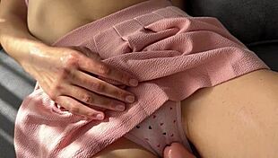 stepmom teases her wet shaved pussy closeup before stepson cums