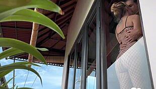 she wakes him with morning standing doggy then kneels for blowjob