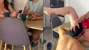 bold homemade mature and young devour pussies intensely at breakfast table