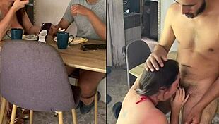 bold homemade mature and young devour pussies intensely at breakfast table