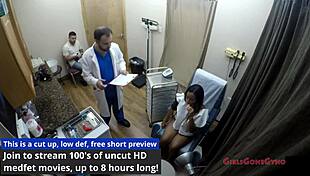 melany lopez's teasing immigration physical reveals her big latina ass feet and natural tits in latex gloves