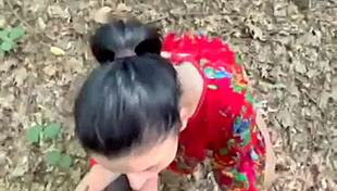 he drags her into the forest so she can suck his cock dry and swallow every drop of cum