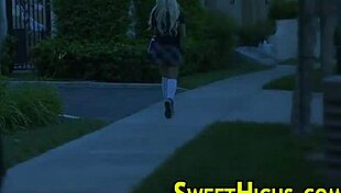 the blonde college girl rides hard in uniform then jerks a massive cumshot handjob finish