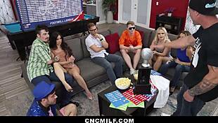 the freeuse gang turns a milf competition into wild licking and riding sex game