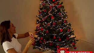 hot stepmom gets fucked under christmas tree with deep creampie filling her shaved pussy