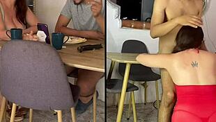 bold homemade mature and young devour pussies intensely at breakfast table