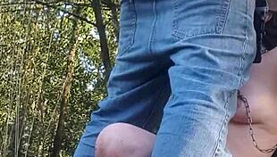 slave flashes natural tits during outdoor forest exhibition