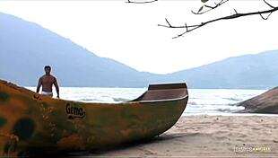 A lush brunette bends over beach-style, taking big cock anal doggystyle then cowgirl riding to cum swallow finale.