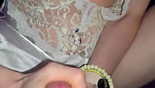 skinny milf with pierced nipples jerks cock then licks every sticky drop from juicy shaved pussy