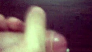 Huge cocked babe strokes massive dick exploding in enormous cumshot all over her tits