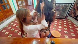 naughty guy tempts lesbians into bar pounding frenzy