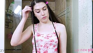 Long-Haired Brunette Model Strips for Shower Photoshoot