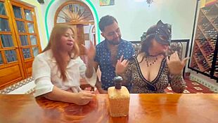 naughty guy tempts lesbians into bar pounding frenzy