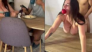 bold homemade mature and young devour pussies intensely at breakfast table