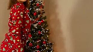 hot stepmom gets fucked under christmas tree with deep creampie filling her shaved pussy