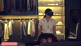 jeny smith tempts her close friend with upskirt teases in clothing store while undressing slowly