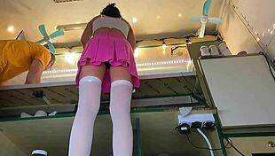 super cute stepdaughter's upskirt flashes pussy on hidden work cam