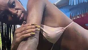 Petite Jamaican beauty flashes pussy outdoors in public Caribbean tease