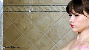 fresh-faced blonde steps into steamy shower teasing her curves