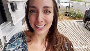 ana the exhibitionist fingers her shaved clit right out in public for ersties